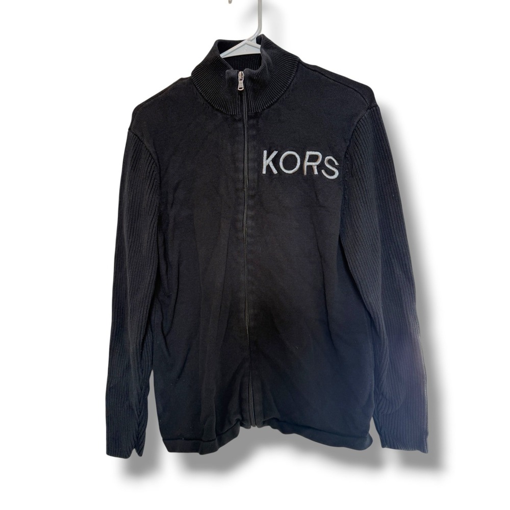 Michael Kors Sweater Mens Medium Black Full Zip Logo Mock Neck Ribbed